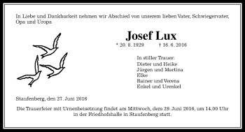 Traueranzeige von Josef Lux von  Gießener Anzeiger