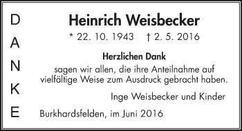 Traueranzeige von Heinrich Weisbecker von  Gießener Anzeiger