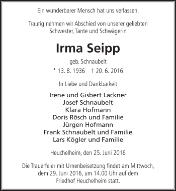 Traueranzeige von Irma Seipp von  Gießener Anzeiger