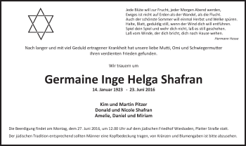 Traueranzeige von Germaine Inge Helga Shafran von Trauerportal Rhein Main Presse