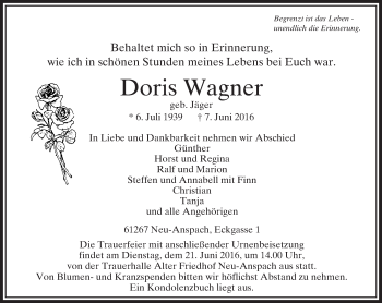 Traueranzeige von Doris Wagner von  Usinger Anzeiger Traueranzeige von Doris Wagner von  Usinger Anzeiger