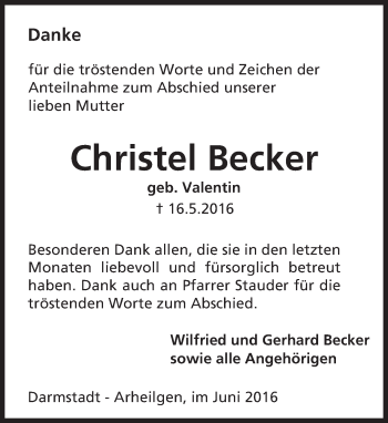 Traueranzeige von Christel Becker von Trauerportal Echo Online