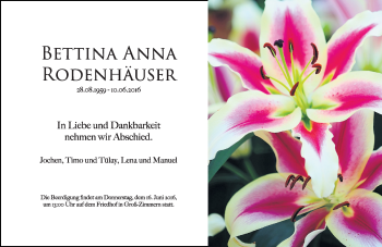 Traueranzeige von Bettina Anna Rodenhäuser von Trauerportal Echo Online