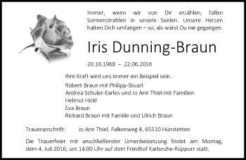 Traueranzeige von Iris Dunning-Braun von Trauerportal Rhein Main Presse