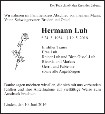 Traueranzeige von Hermann Luh von  Gießener Anzeiger
