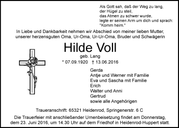 Traueranzeige von Hilde Voll von Trauerportal Rhein Main Presse