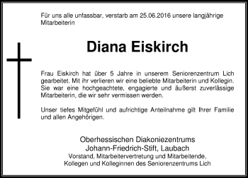 Traueranzeige von Diana Funk von  Gießener Anzeiger
