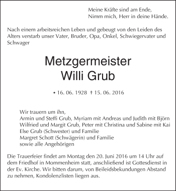 Traueranzeige von Willi Grub von Trauerportal Rhein Main Presse