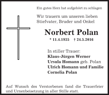 Traueranzeige von Norbert Polan von Trauerportal Echo Online