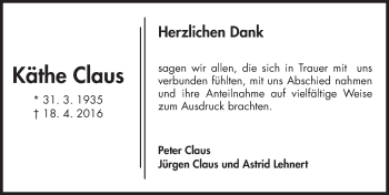 Traueranzeige von Käthe Claus von  Mainspitze
