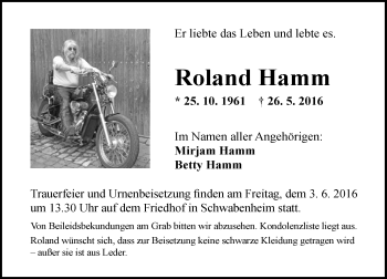Traueranzeige von Roland Hamm von  Allgemeine  Zeitung Ingelheim-Bingen