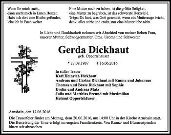 Traueranzeige von Gerda Dickhaut von VRM Trauer