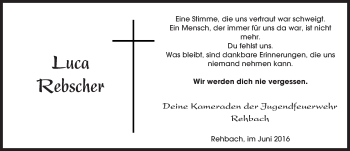 Traueranzeige von Luca Rebscher von Trauerportal Rhein Main Presse