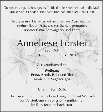 Traueranzeige von Anneliese Förster von  Kreisanzeiger