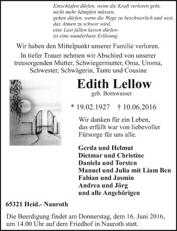 Traueranzeige von Edith Lellow von Trauerportal Rhein Main Presse