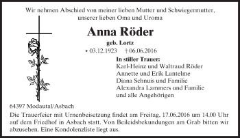 Traueranzeige von Anna Röder von Trauerportal Echo Online