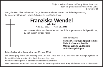 Traueranzeige von Franziska Wendel von Trauerportal Rhein Main Presse