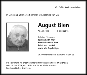 Traueranzeige von August Bien von VRM Trauer
