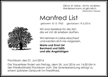 Traueranzeige von Manfred List von VRM Trauer