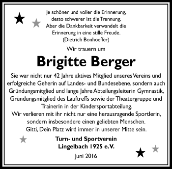 Traueranzeige von Brigitte Berger von VRM Trauer