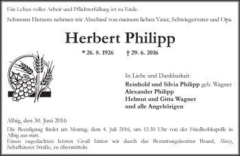 Traueranzeige von Herbert Philipp von Trauerportal Rhein Main Presse