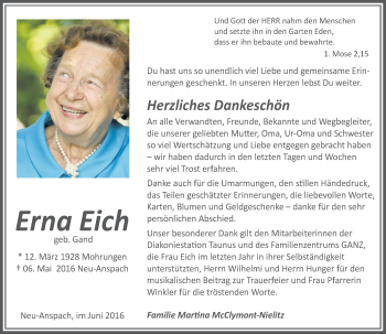 Traueranzeige von Erna Eich von  Usinger Anzeiger