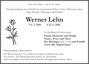 Traueranzeige von Werner Lehn von Trauerportal Rhein Main Presse