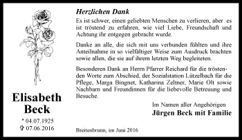 Traueranzeige von Elisabeth Beck von Trauerportal Echo Online