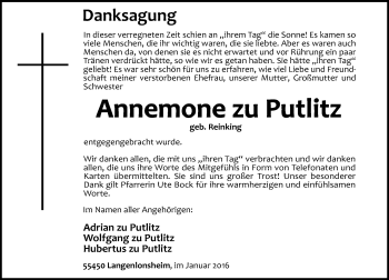 Traueranzeige von Annemone zu Putlitz von  Allg. Zeitung Bad Kreuznach