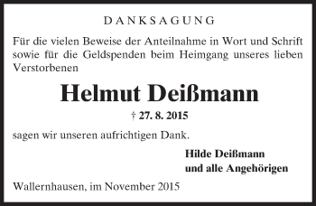 Traueranzeige von Helmut Deißmann von  Sonntags Anzeiger