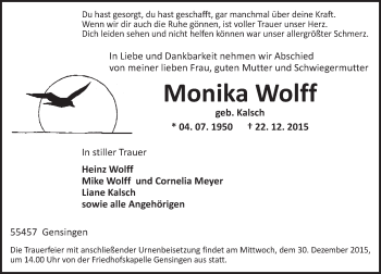 Traueranzeige von Monika Wolff von  Allgemeine  Zeitung Ingelheim-Bingen