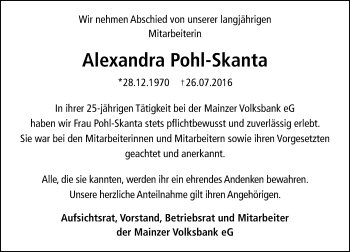 Traueranzeige von Alexandra Pohl-Skanta von Trauerportal Rhein Main Presse