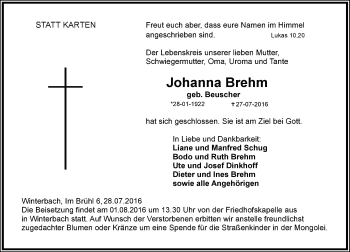 Traueranzeige von Johanna Brehm von Trauerportal Rhein Main Presse