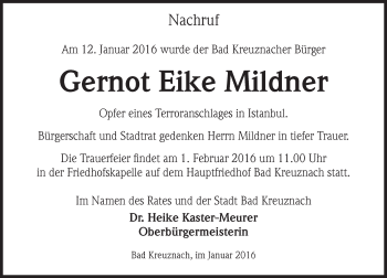 Traueranzeige von Gernot Eike Mildner von  Allg. Zeitung Bad Kreuznach