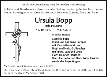 Traueranzeige von Ursula Bopp von  Kreisanzeiger