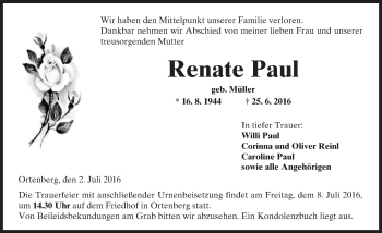 Traueranzeige von Renate Paul von  Kreisanzeiger