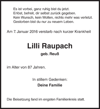 Traueranzeige von Lilli Raupach von  Wiesbaden komplett