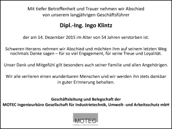 Traueranzeige von Ingo Klintz von  Kreisanzeiger