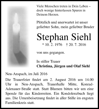 Traueranzeige von Stephan Siehl von  Usinger Anzeiger Traueranzeige von Stephan Siehl von  Usinger Anzeiger