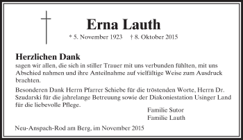 Traueranzeige von Erna Lauth von  Usinger Anzeiger