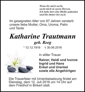 Traueranzeige von Katharina Trautmann von Trauerportal Echo Online