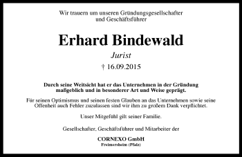 Traueranzeige von Erhard Bindewald von  Bad Kreuznach
