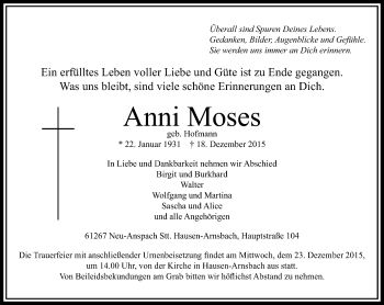 Traueranzeige von Anni Moses von  Usinger Anzeiger