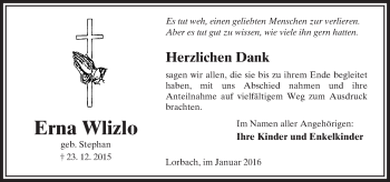 Traueranzeige von Erna Wlizlo von  Sonntags Anzeiger