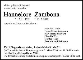 Traueranzeige von Hannelore Zambona von  Allgemeine  Zeitung Ingelheim-Bingen