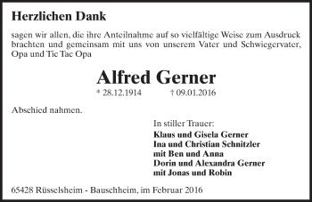 Traueranzeige von Alfred Gerner von  Mainspitze