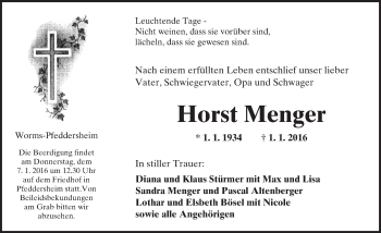 Traueranzeige von Horst Menger von  Wormser Zeitung