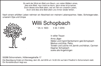 Traueranzeige von Willi Schopbach von Trauerportal Rhein Main Presse