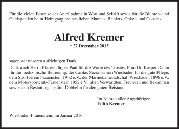 Traueranzeige von Alfred Kremer von  Wiesbaden komplett