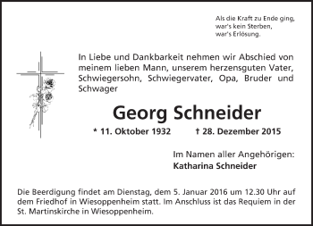 Traueranzeige von Georg Schneider von  Wormser Zeitung